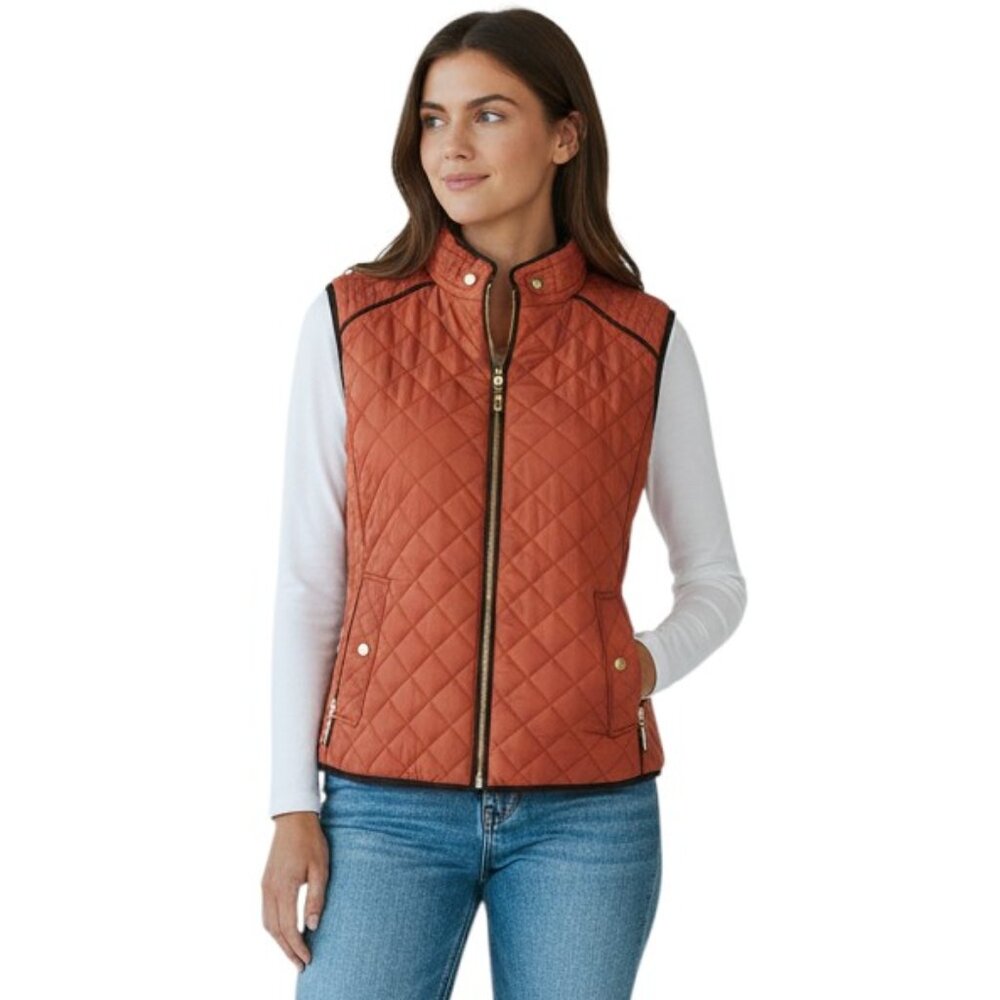 NWT Quilted Coral Rose Tone Front Zip Vest with Leather Contrast & Pockets